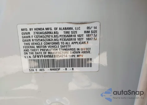 2014 Honda Pilot Touring from USA, damaged, VIN 5FNYF4H96EB054214